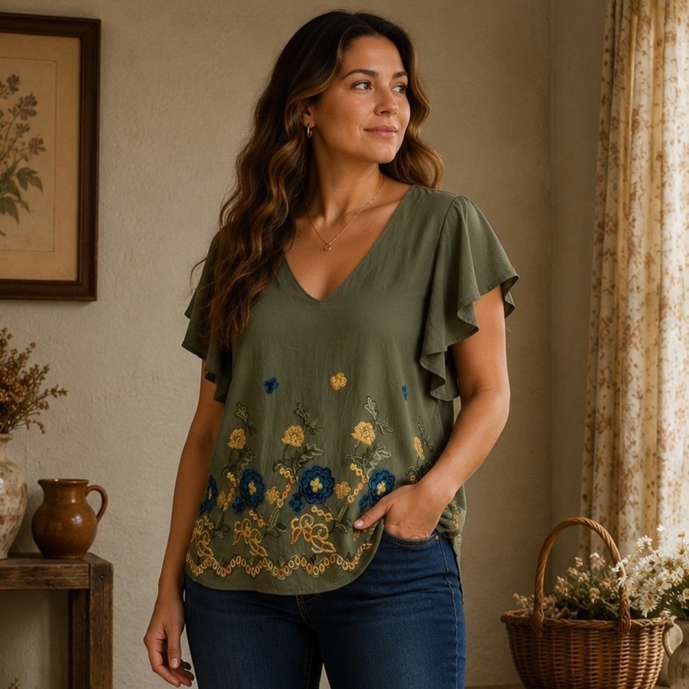 Parami Design Olive Green Floral Embroidered Flutter Sleeve V-Neck Blouse 2X NEW